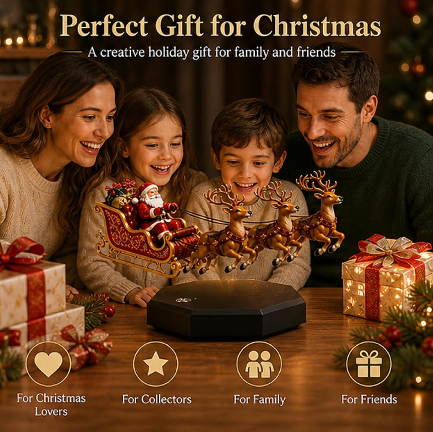 Cozy Noel floating Santa sleigh with three reindeer