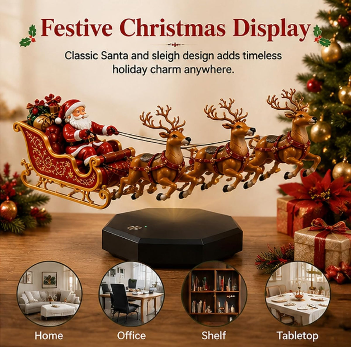 Cozy Noel floating Santa sleigh with three reindeer