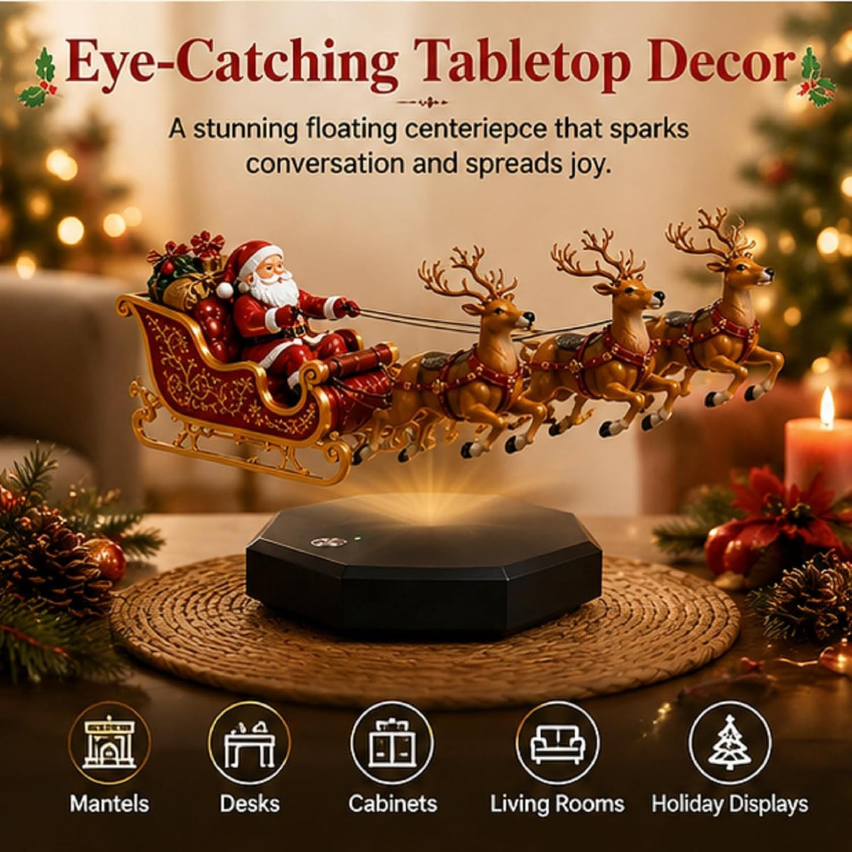 Cozy Noel floating Santa sleigh with three reindeer