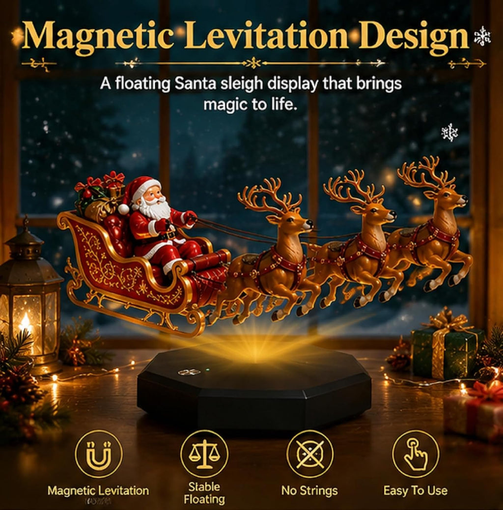 Cozy Noel floating Santa sleigh with three reindeer